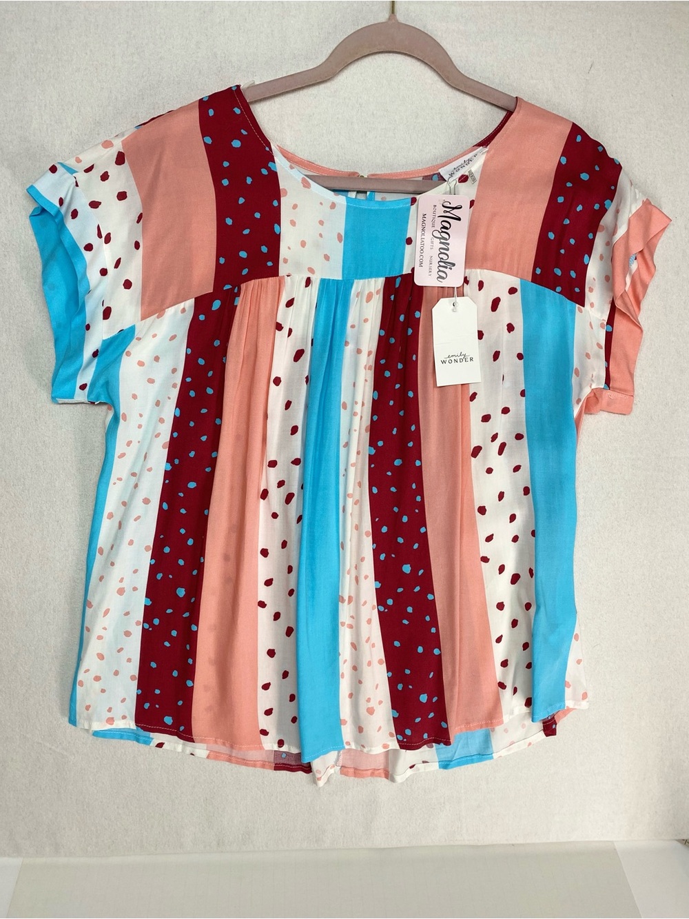 Emily Wonder Women's Vertical Colorblock Polka Dot Short-Sleeve 1X Top Blouse